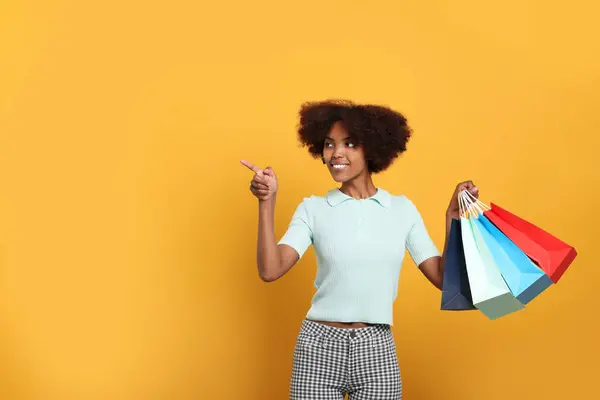 Smiling African American Woman Shopping Bags Orange Background Space Text — Foto Stock