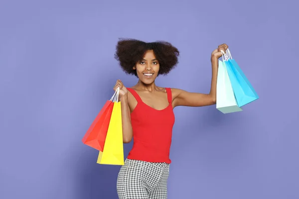 Happy African American Woman Shopping Bags Purple Background — Foto Stock