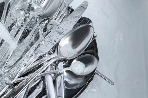Washing Silver Spoons Forks Knives Stream Water Kitchen Sink Flat — Stock Photo, Image