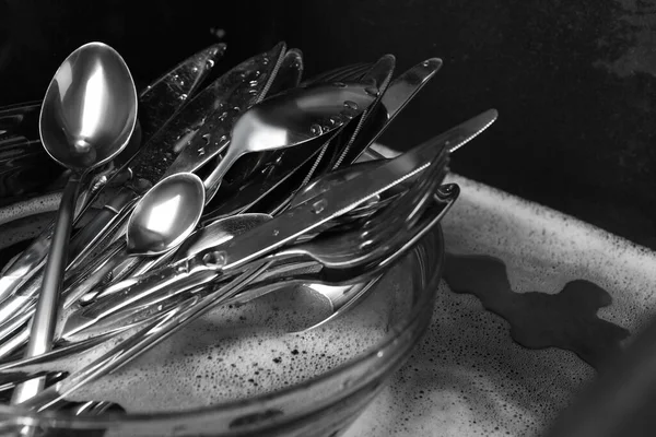 Washing Silver Spoons Forks Knives Kitchen Sink Foam Space Text — Stock Photo, Image