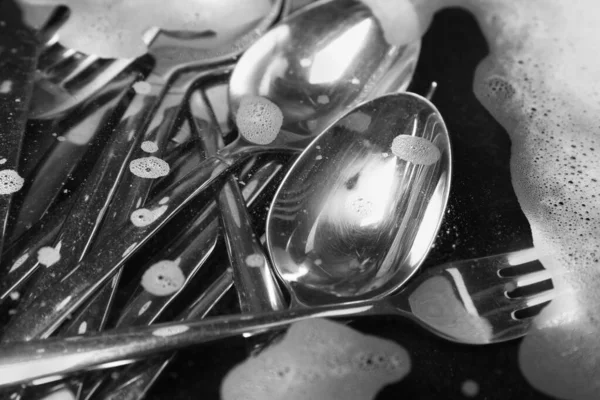 Washing Silver Spoons Forks Knives Water Foam Closeup — Stock Photo, Image