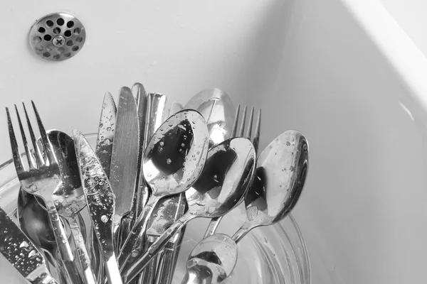 Washing Silver Spoons Forks Knives Kitchen Sink View — Stock Photo, Image