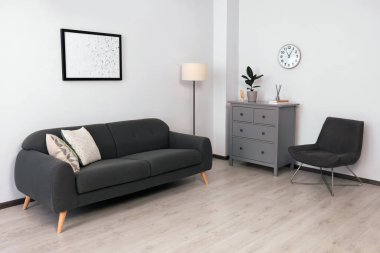 Kanepe ve diğer mobilyalarla süslü bir oda.