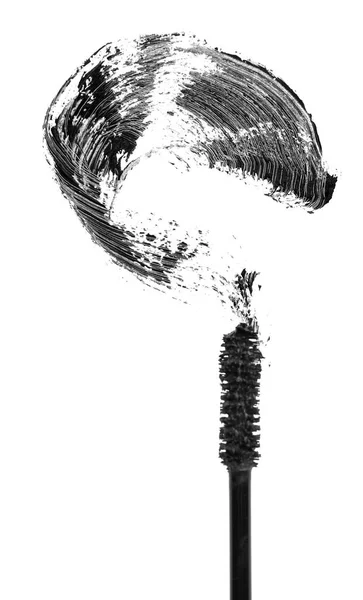 Uygulayıcı Fırçası Beyaz Arka Planda Kahverengi Rimel Vuruşu Üst Görünüm — Stok fotoğraf