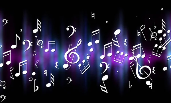 Music notes and other musical symbols on black background