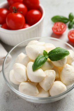 Nefis mozzarella topları ve fesleğen yaprakları açık gri masada cam kasede, yakın plan.