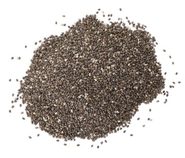 Beyaz arkaplanda chia çekirdekleri yığını, üst görünüm