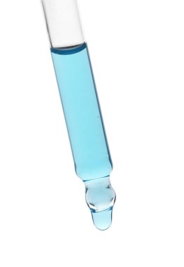 Dripping light blue facial serum from pipette on white background, closeup