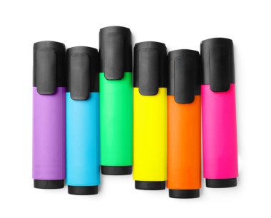 Many colorful markers isolated on white, top view