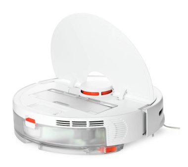 Beyaza izole edilmiş robotik elektrikli süpürgeyi aç