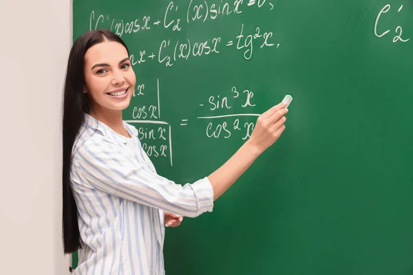 Happy teacher explaining mathematics at chalkboard in classroom