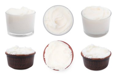 Beyaz arka planda lezzetli domuz yağıyla ayarlanmış.