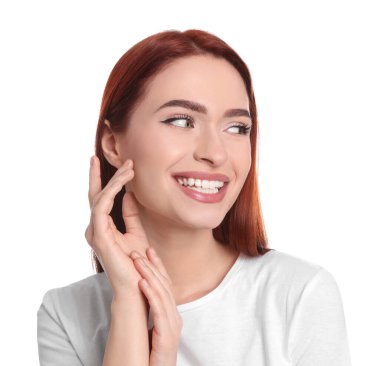 Happy woman with red dyed hair on white background