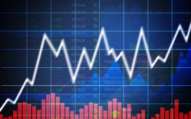 Movement of asset price. Market of cryptocurrency / stocks / commodity. Charts, graphs and data on dark background