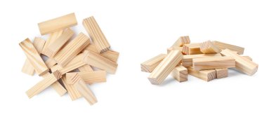 Pile of wooden blocks for Jenga tower on white background, different angles