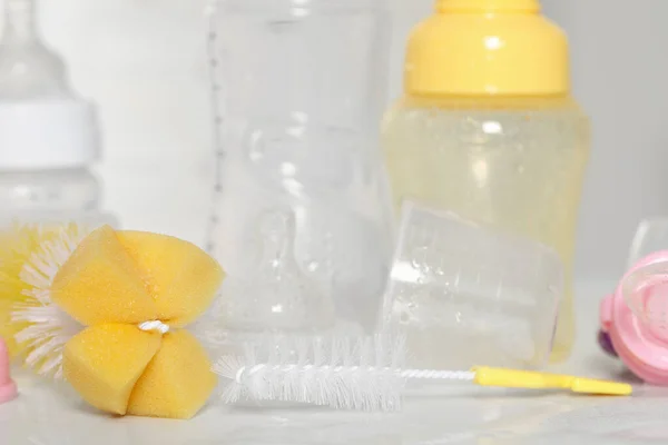 Clean Baby Bottles Sterilization Brushes White Table Closeup — 스톡 사진