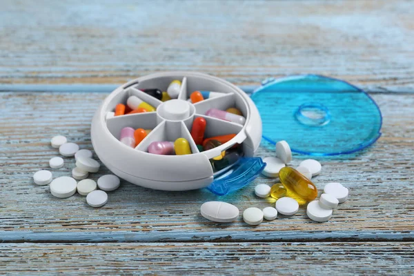 Pill Box Medicaments Wooden Table — Foto de Stock