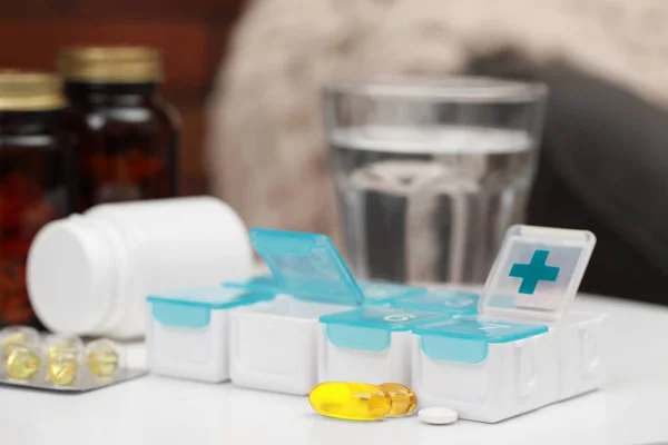 Plastic Pill Box Different Medicaments Table — Foto de Stock