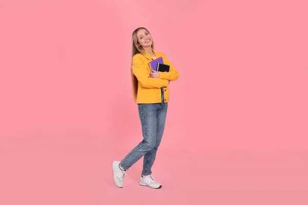 Teenage Girl Notebooks Pink Background — Fotografia de Stock