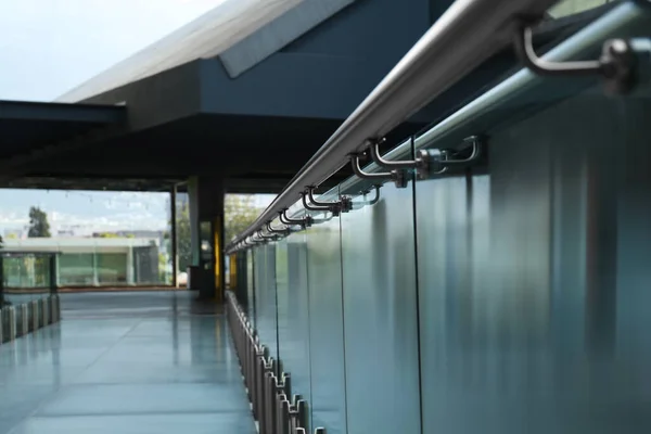 Glass Barrier Metal Handrail Modern Building Closeup — Stok fotoğraf
