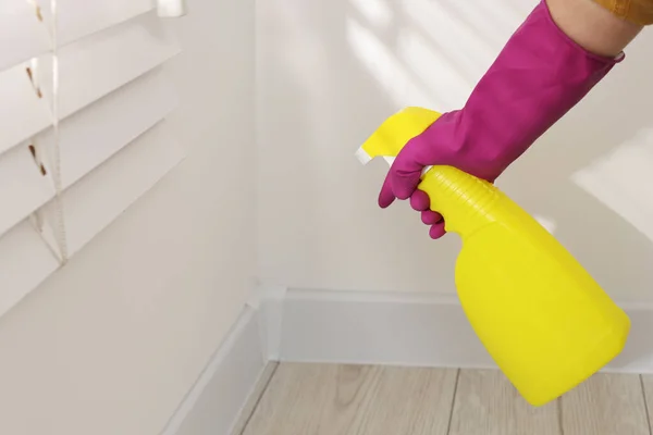 Woman in rubber glove with spray bottle near wall indoors, closeup