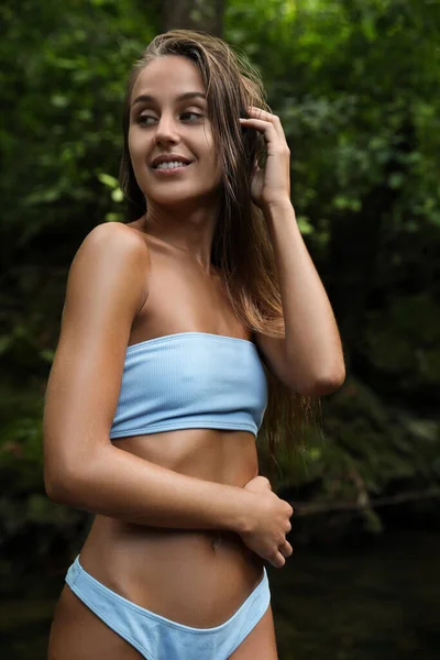 Beautiful Young Woman Light Blue Bikini Mountain River Outdoors — Fotografia de Stock