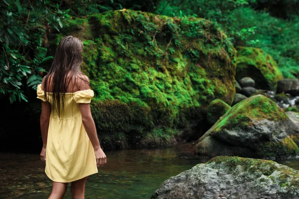 Beautiful Young Woman Dress Mountain River Outdoors Back View Space — Fotografia de Stock
