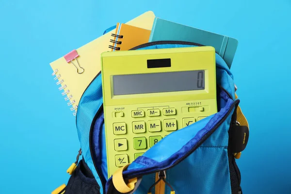 Backpack Different School Stationery Light Blue Background Closeup — Stockfoto