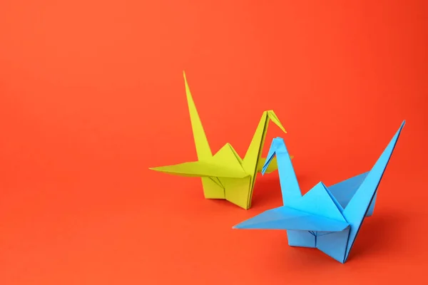 Origami Art Colorful Handmade Paper Cranes Orange Background Space Text — Stockfoto