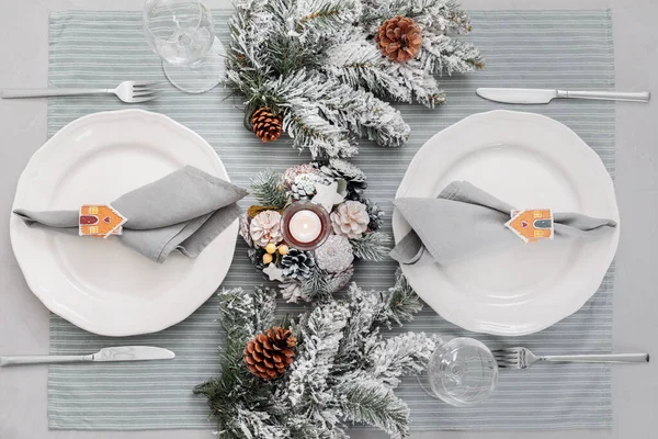 Festive Place Setting Beautiful Dishware Cutlery Fabric Napkins Christmas Dinner — Fotografia de Stock