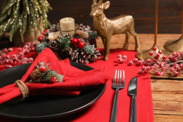 Festive Place Setting Beautiful Dishware Cutlery Decor Christmas Dinner Wooden — Fotografia de Stock