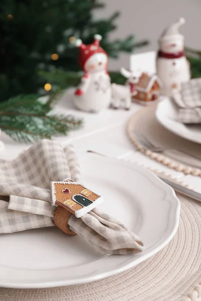 Luxury Place Setting Beautiful Festive Decor Christmas Dinner White Table — Fotografia de Stock