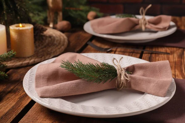 Festive Place Setting Beautiful Dishware Fabric Napkin Christmas Dinner Wooden — Fotografia de Stock
