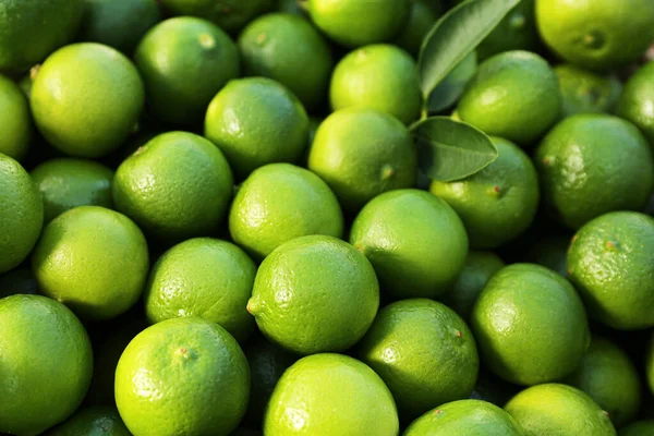 Fresh ripe green limes with leaves as background, closeup