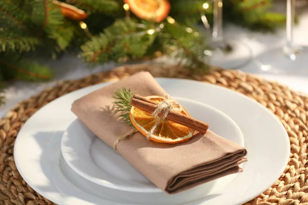 Festive Place Setting Beautiful Dishware Fabric Napkin Dried Orange Slice — Fotografia de Stock