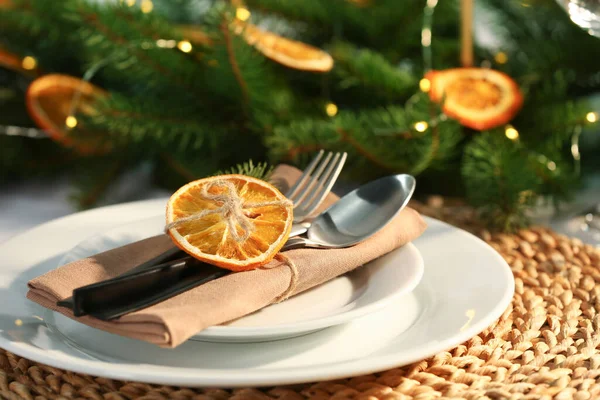 Festive Place Setting Beautiful Dishware Fabric Napkin Dried Orange Slice — Fotografia de Stock