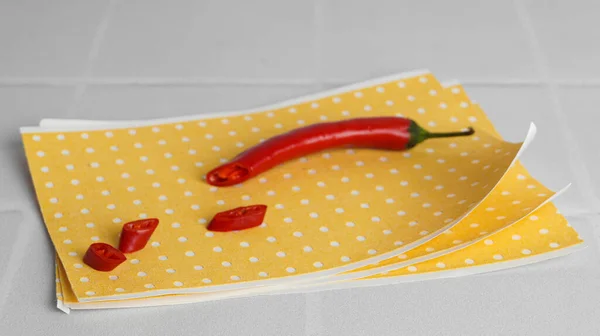 Pepper Plaster Chili White Tiled Table Closeup — Zdjęcie stockowe