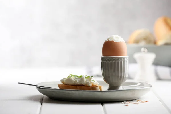Fresh Soft Boiled Egg Cup Sandwich White Wooden Table Space — Foto de Stock