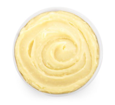 Bowl of tasty mashed potato isolated on white, top view