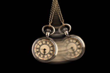 Hypnosis session. Vintage pocket watch with chain swinging on black background, motion effect clipart