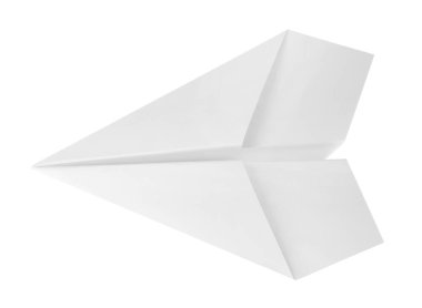 Bir el yapımı kağıt uçak beyazda izole edilmiş.