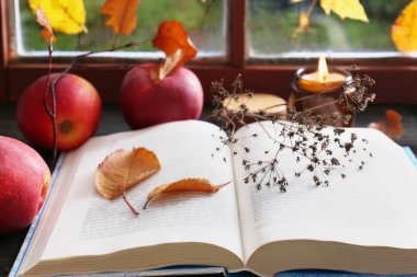 Book with dried flower, leaves as bookmark and ripe apples on table near window