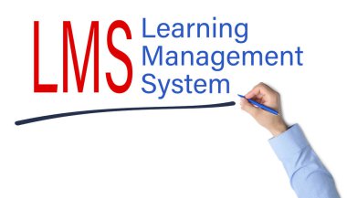 Man underlining text Learning Management System and its abbreviation LMS on white board, closeup
