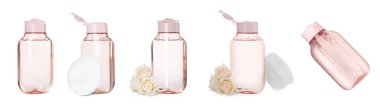 Collage with bottle of micellar cleansing water on white background