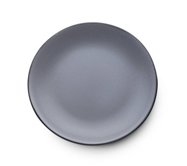 Empty gray ceramic plate isolated on white, top view