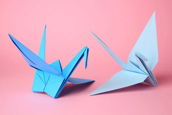 Origami Art Handmade Paper Cranes Pink Background Closeup — Stockfoto