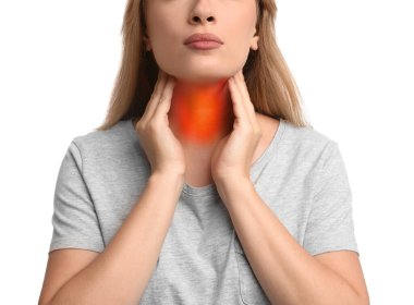 Endocrine system. Woman doing thyroid self examination on white background, closeup