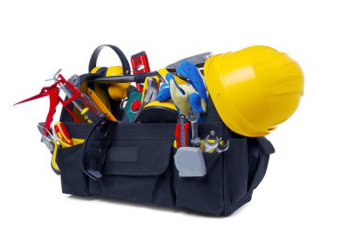 Many different tools in box isolated on white