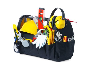 Many different tools in box isolated on white