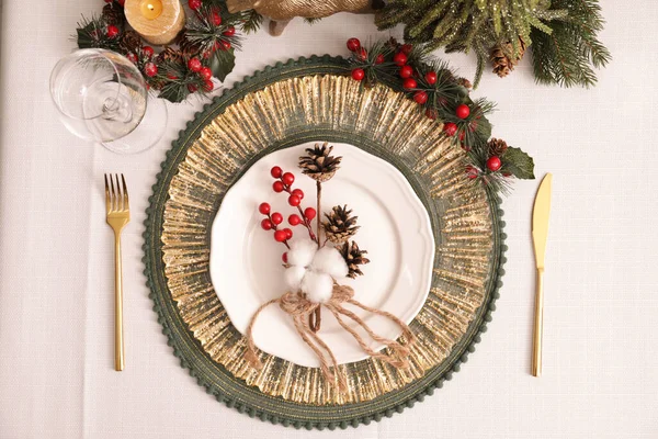 Luxo Ambiente Festivo Com Bela Decoração Para Jantar Natal Mesa — Fotografia de Stock